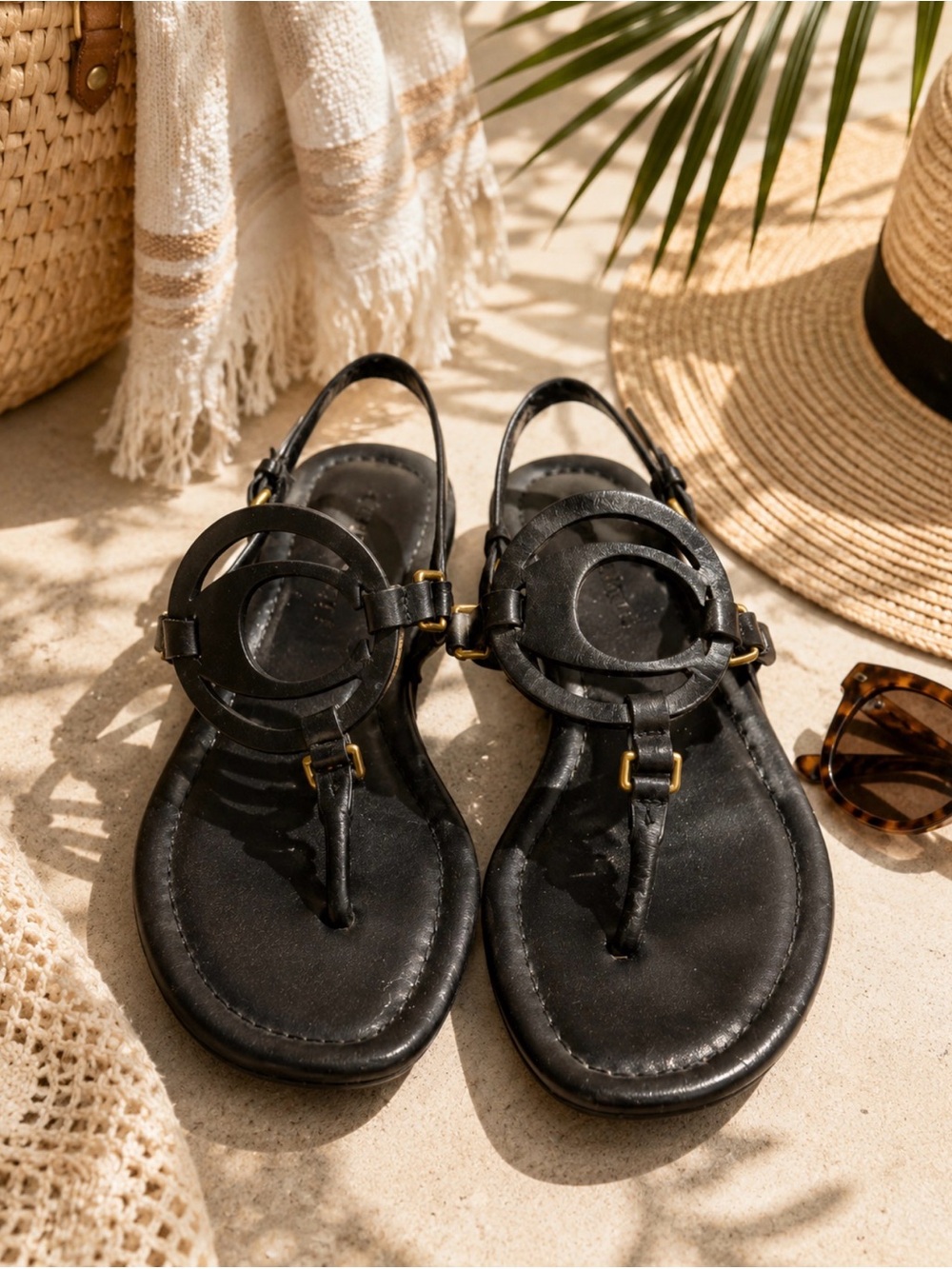 Coach Black Circle-Accent T-Strap Slingback Sandals size 6.5